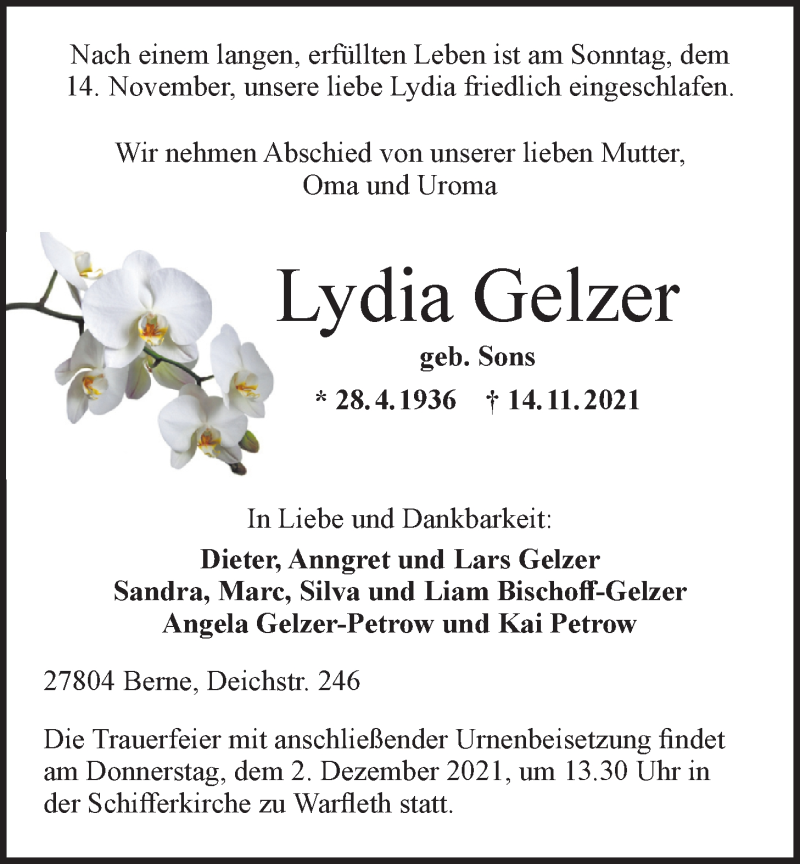  Traueranzeige für Lydia Gelzer vom 20.11.2021 aus Nordwest-Zeitung