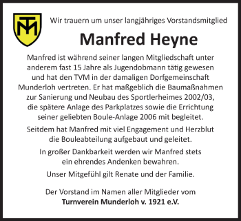 Traueranzeige von Manfred Heyne von Nordwest-Zeitung