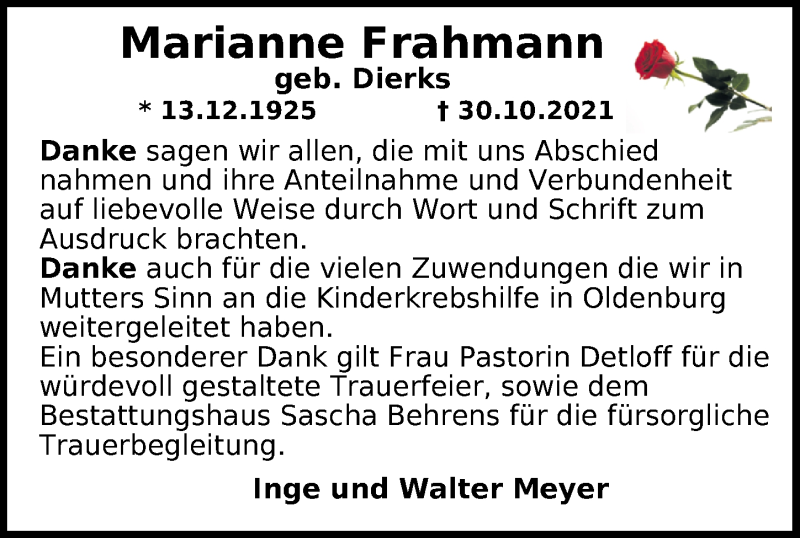  Traueranzeige für Marianne Frahmann vom 26.11.2021 aus Nordwest-Zeitung