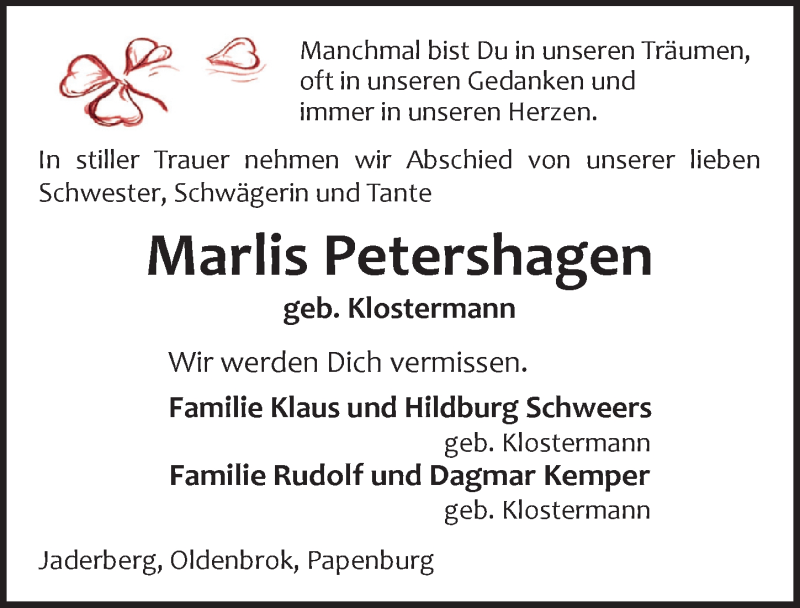  Traueranzeige für Marlis Petershagen vom 13.11.2021 aus Nordwest-Zeitung