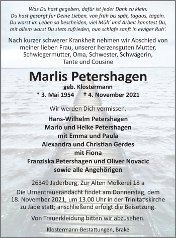 Traueranzeige von Marlis Petershagen von Nordwest-Zeitung