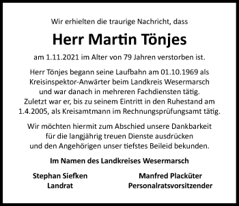 Traueranzeige von Martin Tönjes von Nordwest-Zeitung