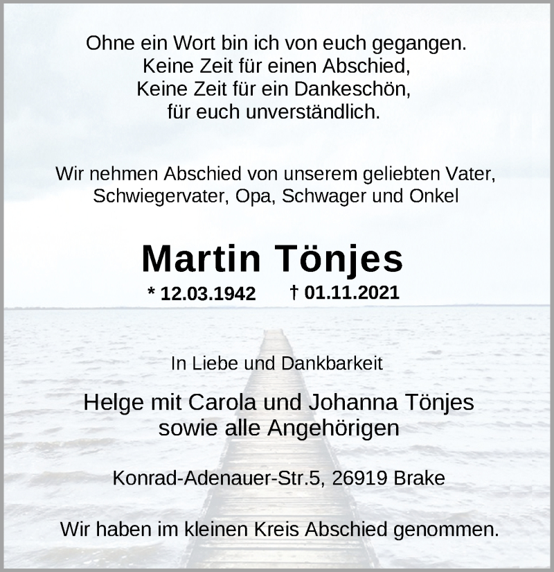  Traueranzeige für Martin Tönjes vom 13.11.2021 aus Nordwest-Zeitung