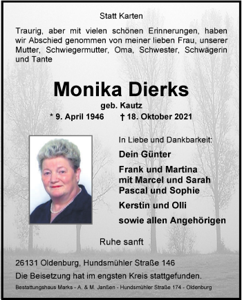 Traueranzeige von Monika Dierks von Nordwest-Zeitung