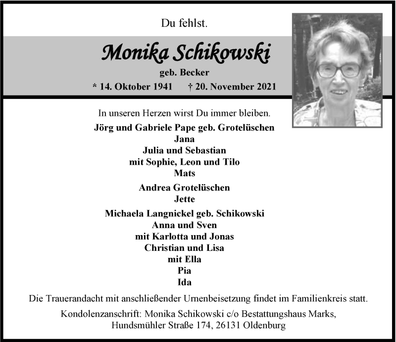  Traueranzeige für Monika Schikowski vom 27.11.2021 aus Nordwest-Zeitung