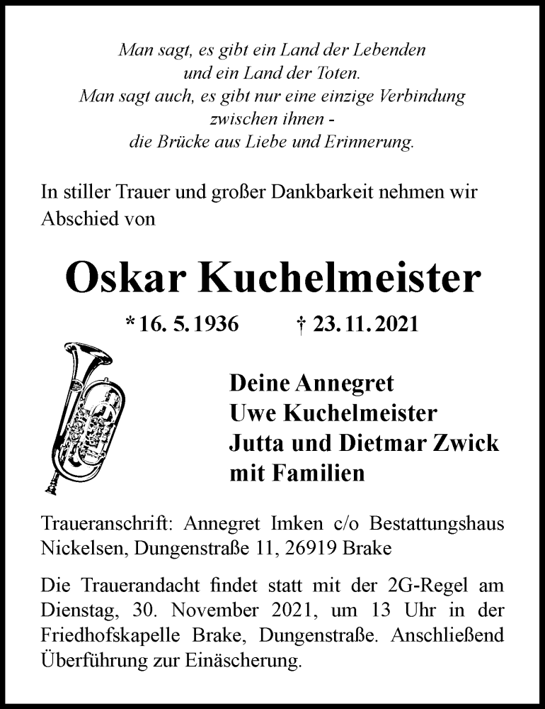  Traueranzeige für Oskar Kuchelmeister vom 26.11.2021 aus Nordwest-Zeitung