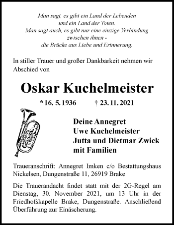 Traueranzeige von Oskar Kuchelmeister von Nordwest-Zeitung