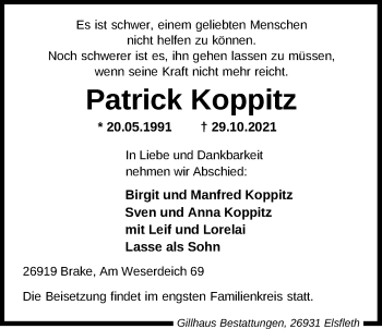 Traueranzeige von Patrick Koppitz von Nordwest-Zeitung