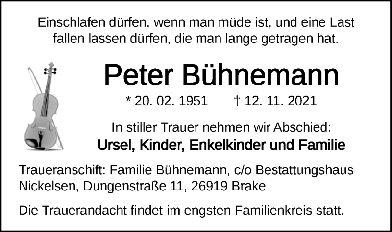  Traueranzeige für Peter Bühnemann vom 19.11.2021 aus Nordwest-Zeitung