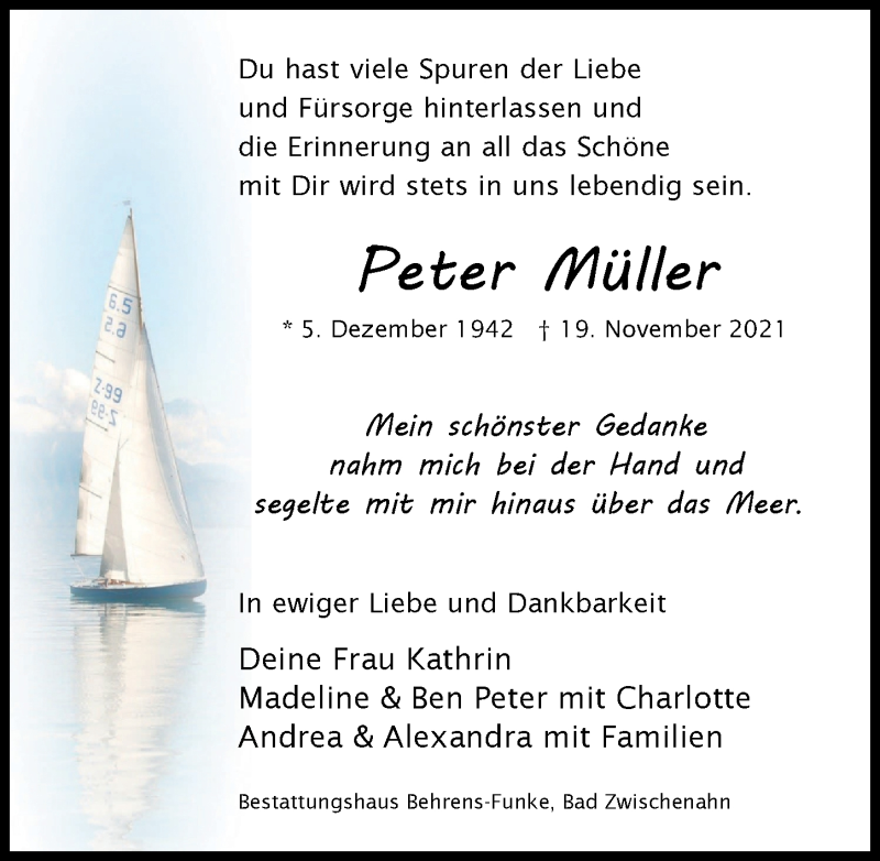  Traueranzeige für Peter Müller vom 27.11.2021 aus Nordwest-Zeitung