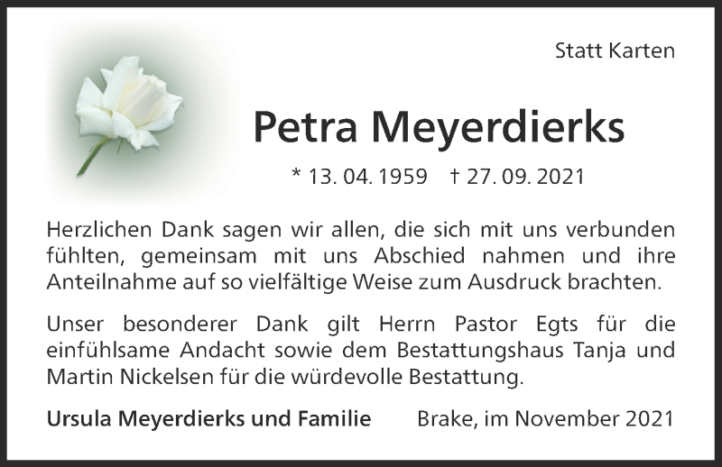  Traueranzeige für Petra Meyerdierks vom 13.11.2021 aus Nordwest-Zeitung