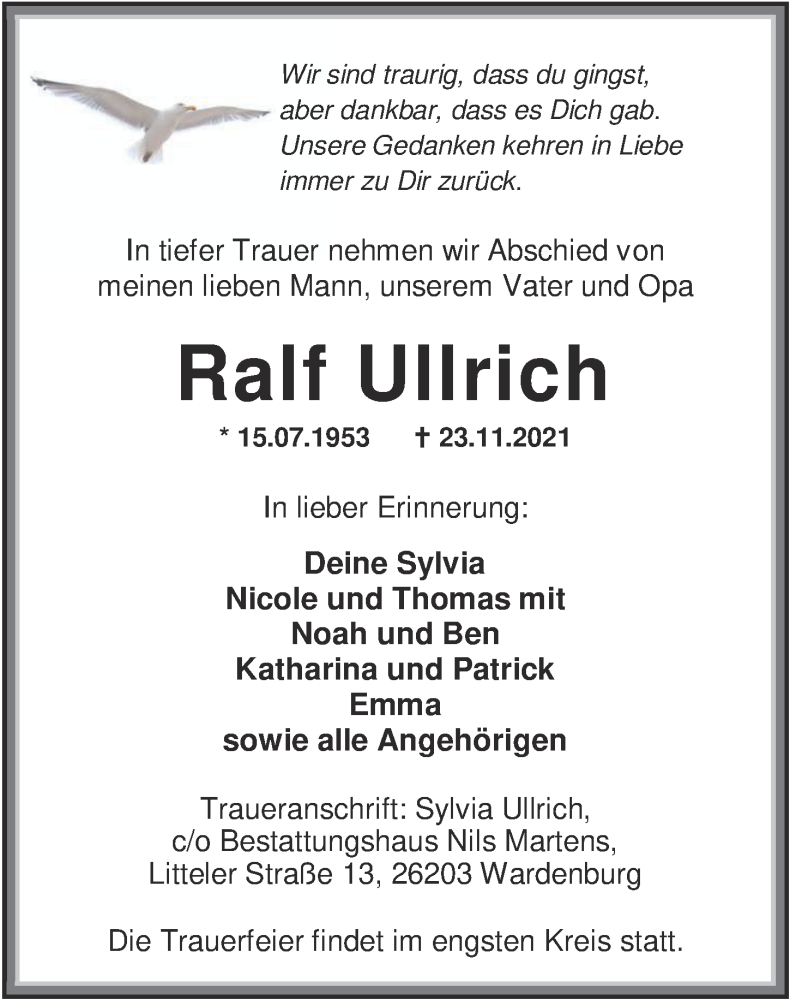  Traueranzeige für Ralf Ullrich vom 27.11.2021 aus Nordwest-Zeitung