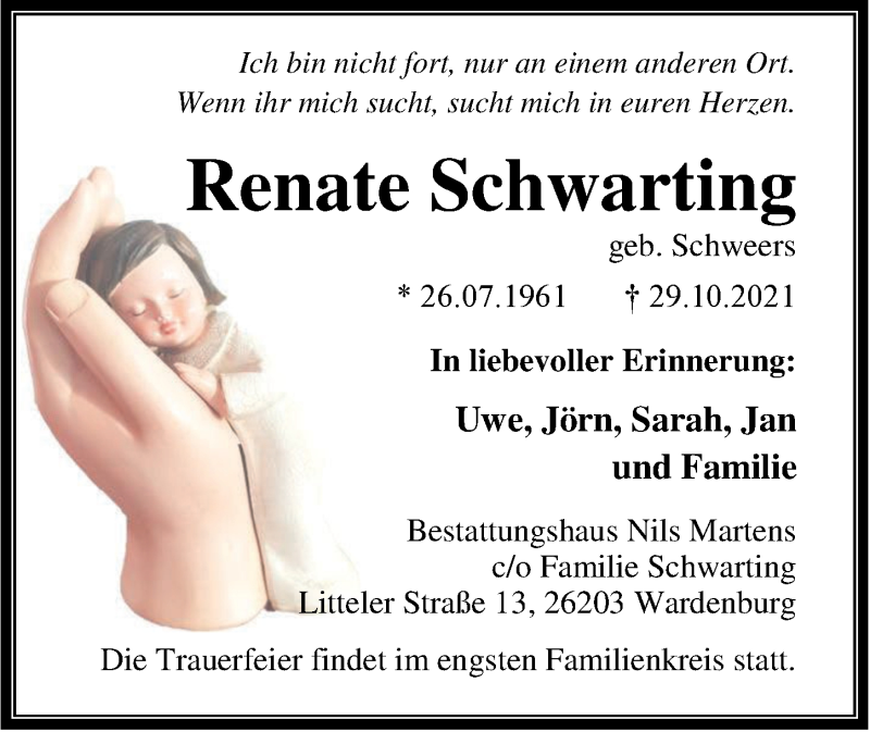  Traueranzeige für Renate Schwarting vom 03.11.2021 aus Nordwest-Zeitung