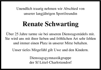 Traueranzeige von Renate Schwarting von Nordwest-Zeitung