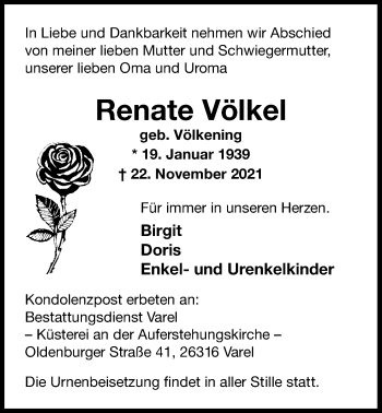 Traueranzeige von Renate Völkel von Nordwest-Zeitung