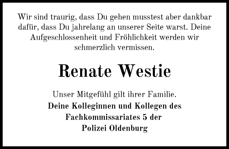  Traueranzeige für Renate Westie vom 01.12.2021 aus Nordwest-Zeitung