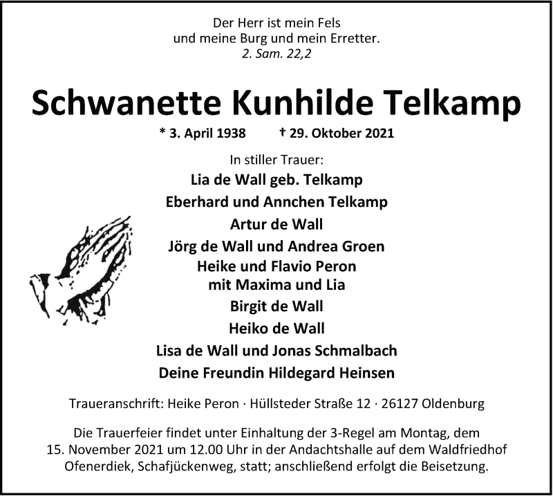  Traueranzeige für Schwanette Kunhilde Telkamp vom 06.11.2021 aus Nordwest-Zeitung