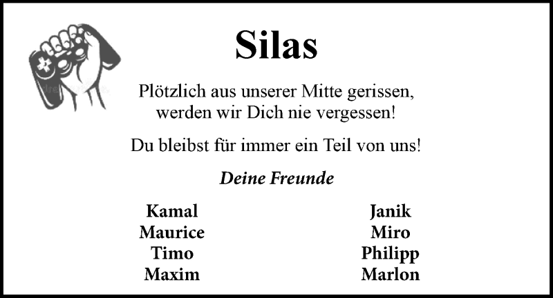  Traueranzeige für Silas Gronewold vom 27.11.2021 aus Emder Zeitung