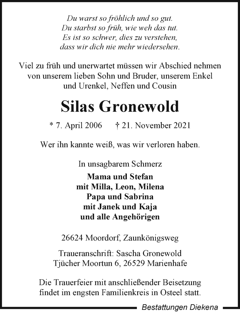  Traueranzeige für Silas Gronewold vom 27.11.2021 aus Emder Zeitung