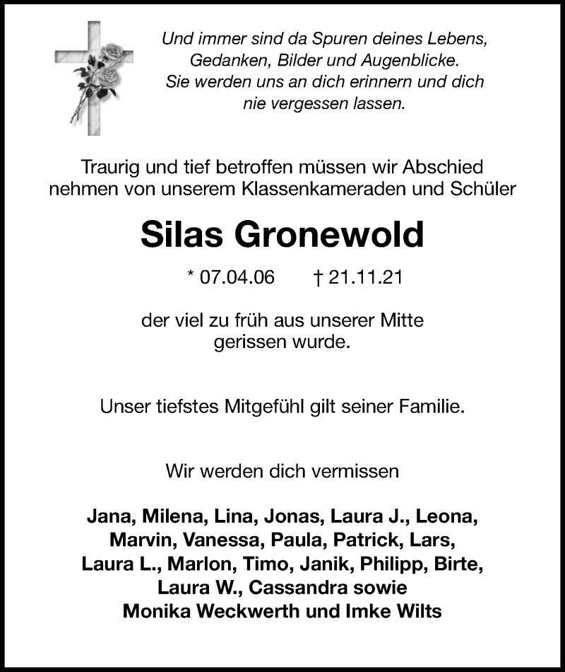  Traueranzeige für Silas Gronewold vom 27.11.2021 aus Emder Zeitung