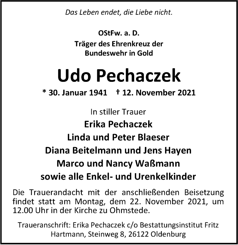  Traueranzeige für Udo Pechaczek vom 19.11.2021 aus Nordwest-Zeitung