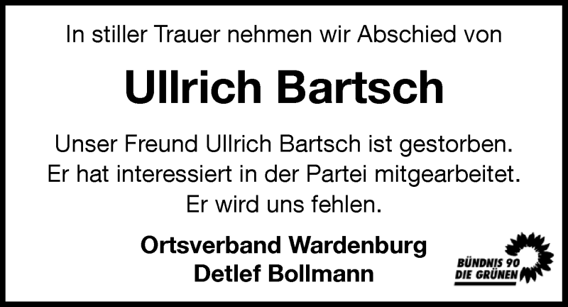  Traueranzeige für Ullrich Bartsch vom 26.11.2021 aus Nordwest-Zeitung