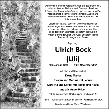 Traueranzeige von Ulrich Bock von Nordwest-Zeitung