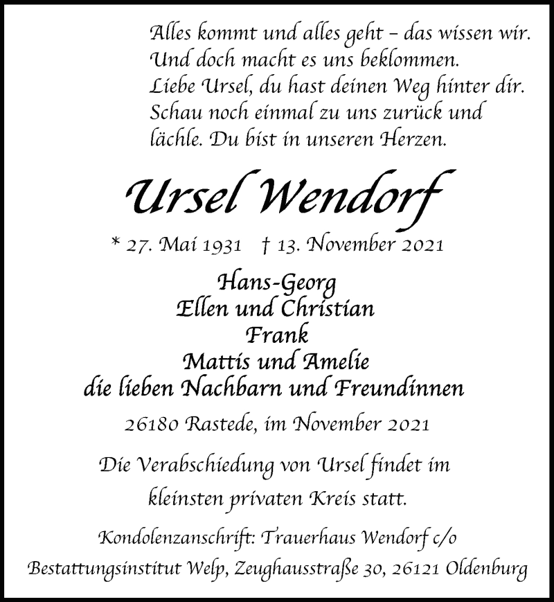  Traueranzeige für Ursel Wendorf vom 20.11.2021 aus Nordwest-Zeitung
