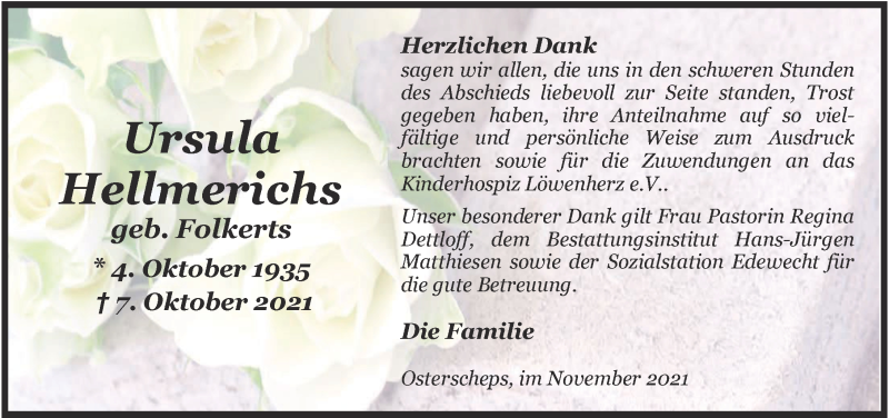  Traueranzeige für Ursula Hellmerichs vom 13.11.2021 aus Nordwest-Zeitung