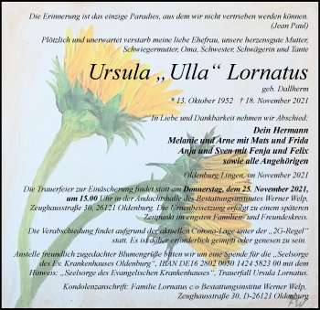 Traueranzeige von Ursula Lornatus von Nordwest-Zeitung