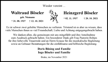 Traueranzeige von Waltraud Böseler von Nordwest-Zeitung