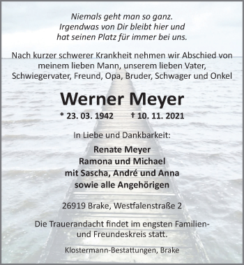 Traueranzeige von Werner Meyer von Nordwest-Zeitung