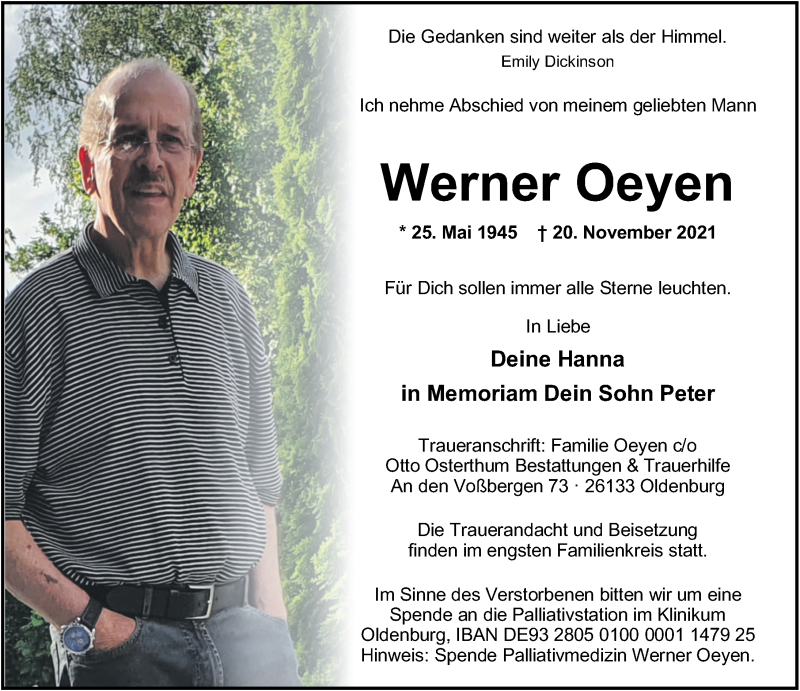  Traueranzeige für Werner Oeyen vom 27.11.2021 aus Nordwest-Zeitung
