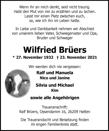 Traueranzeige von Wilfried Brüers von Nordwest-Zeitung