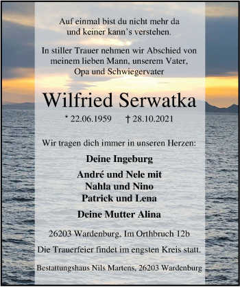 Traueranzeige von Wilfried Serwatka von Nordwest-Zeitung