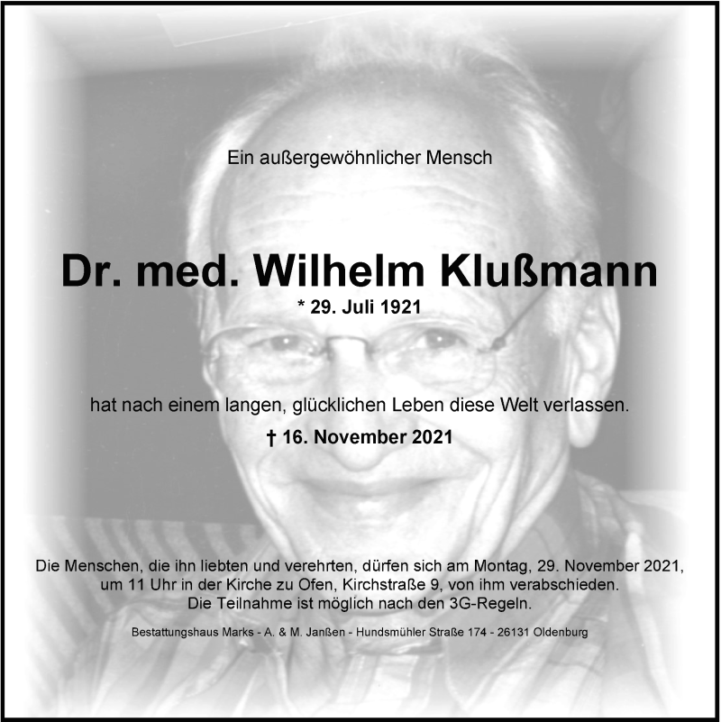  Traueranzeige für Wilhelm Klußmann vom 27.11.2021 aus Nordwest-Zeitung