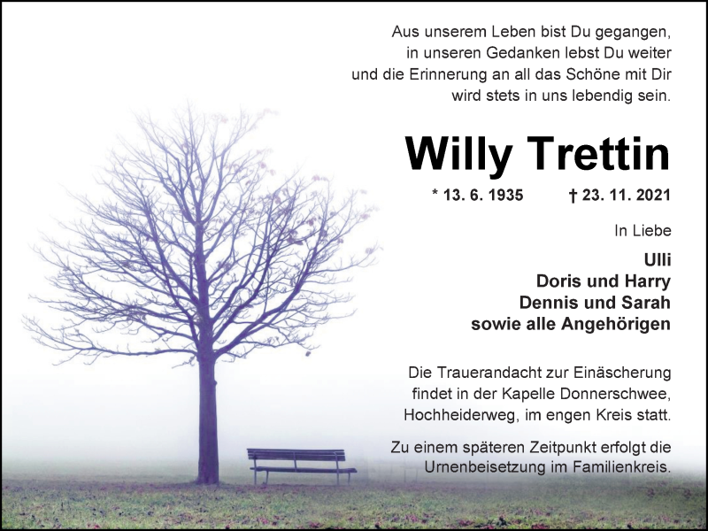  Traueranzeige für Willy Trettin vom 27.11.2021 aus Nordwest-Zeitung