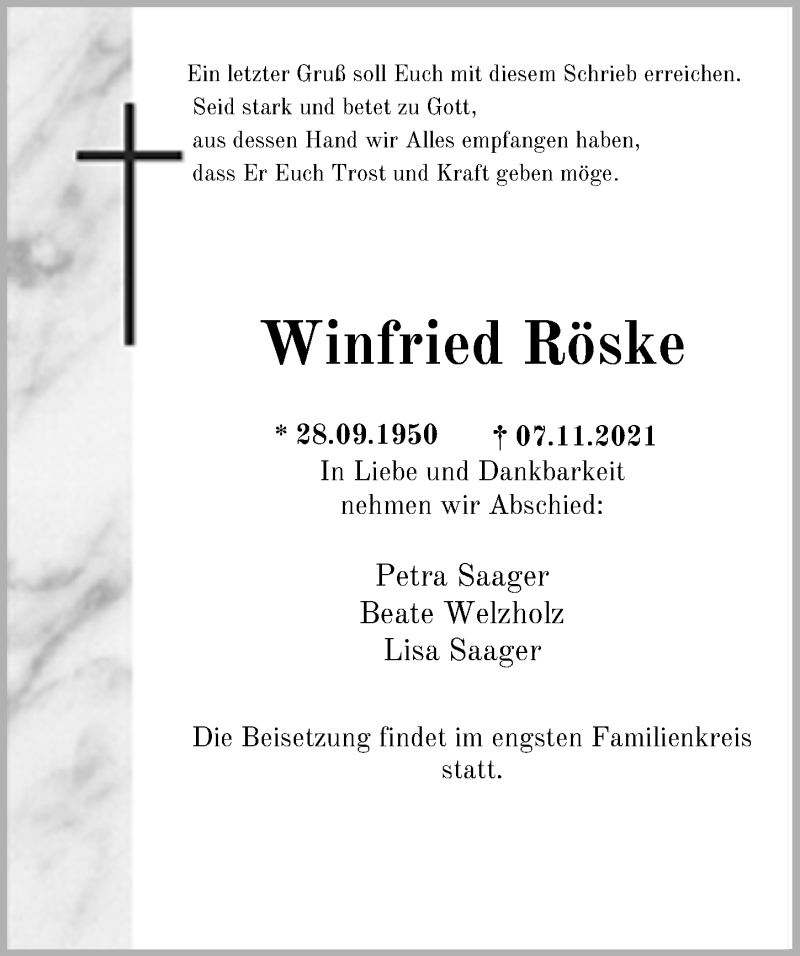  Traueranzeige für Winfried Röske vom 13.11.2021 aus Nordwest-Zeitung