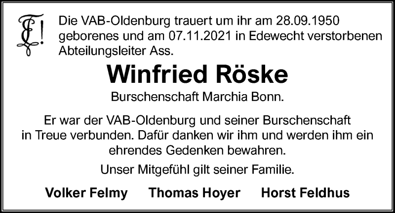  Traueranzeige für Winfried Röske vom 13.11.2021 aus Nordwest-Zeitung