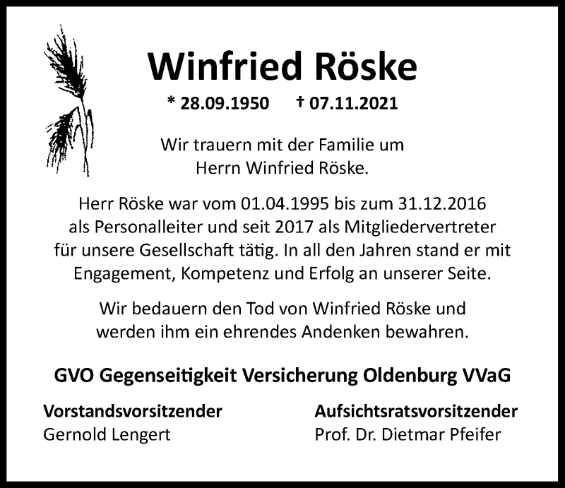  Traueranzeige für Winfried Röske vom 13.11.2021 aus Nordwest-Zeitung