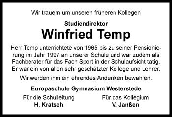 Traueranzeige von Winfried Temp von Nordwest-Zeitung