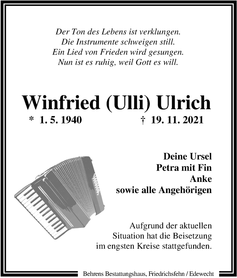  Traueranzeige für Winfried Ulrich vom 26.11.2021 aus Nordwest-Zeitung