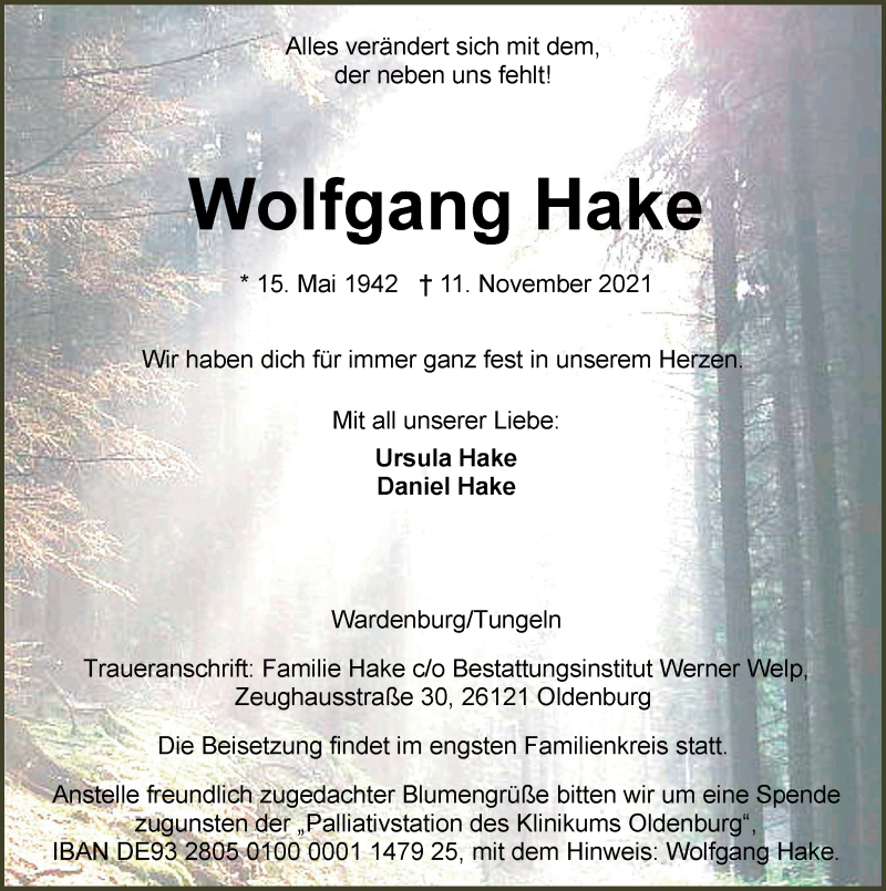  Traueranzeige für Wolfgang Hake vom 20.11.2021 aus Nordwest-Zeitung