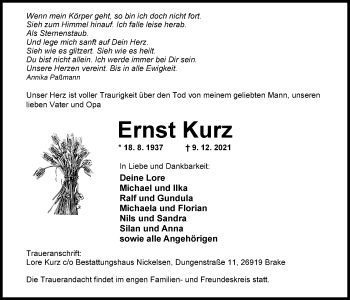 Traueranzeige von Ernst Kurz von Nordwest-Zeitung