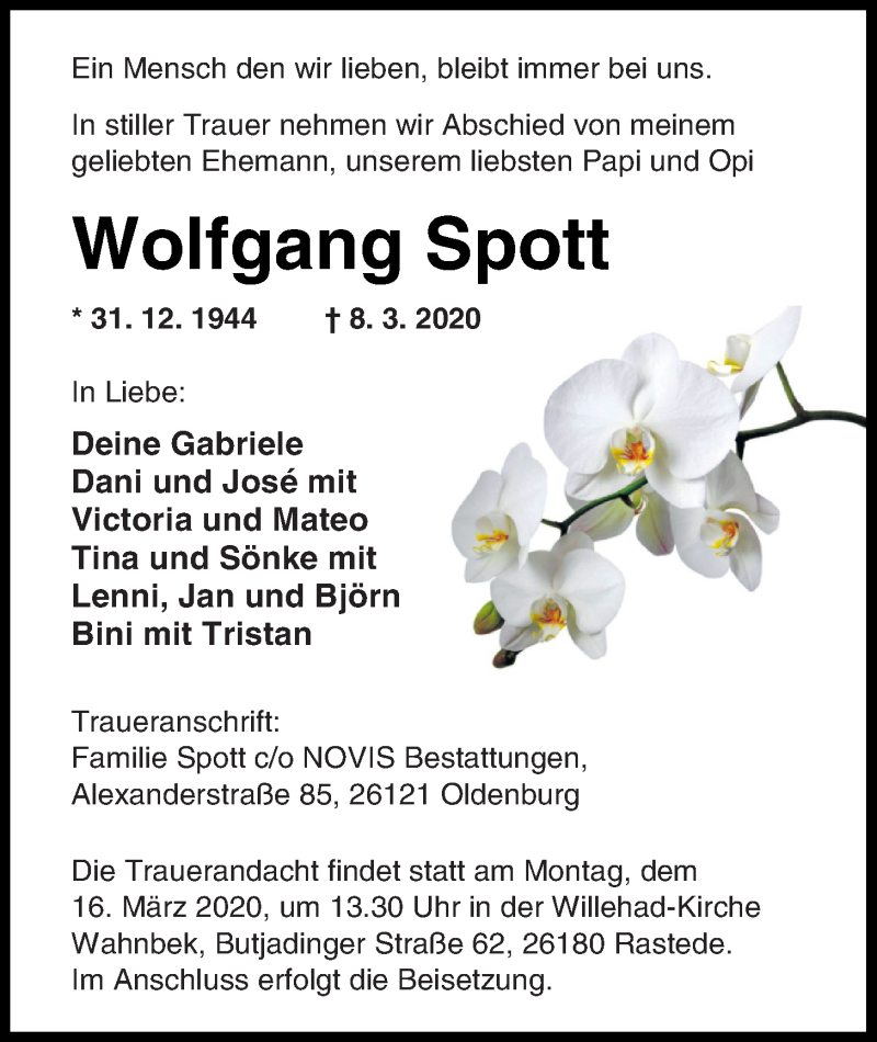  Traueranzeige für Wolfgang Spott vom 13.03.2020 aus Nordwest-Zeitung