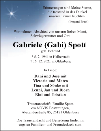 Traueranzeige von Gabriele Spott von Nordwest-Zeitung