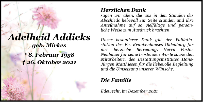  Traueranzeige für Adelheid Addicks vom 03.12.2021 aus Nordwest-Zeitung