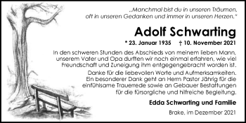 Traueranzeige von Adolf Schwarting von Nordwest-Zeitung