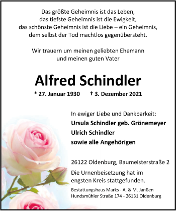 Traueranzeige von Alfred Schindler von Nordwest-Zeitung