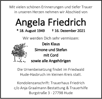Traueranzeige von Angela Friedrich von Nordwest-Zeitung